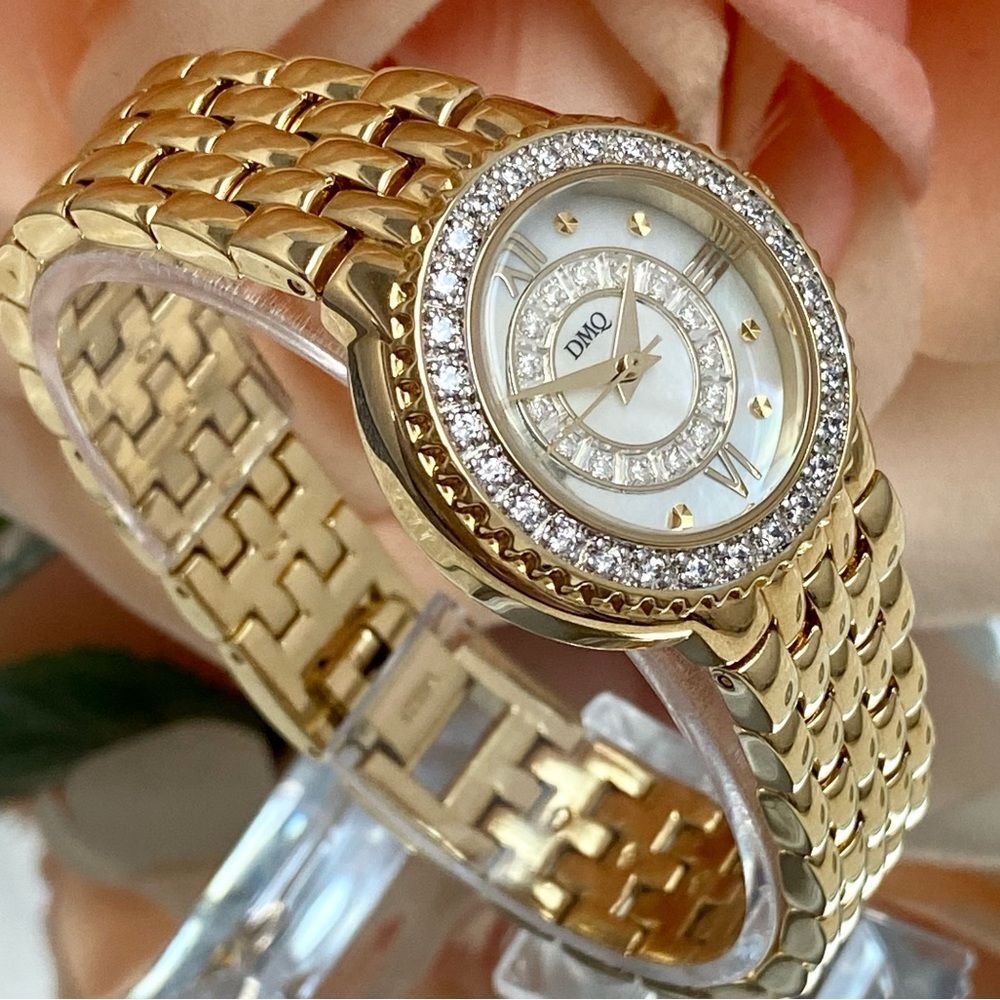 DMQ Diamonique CZ Bezel Mother of Pearl Dial Gold-Tone Dress Watch - Picture 3 of 16